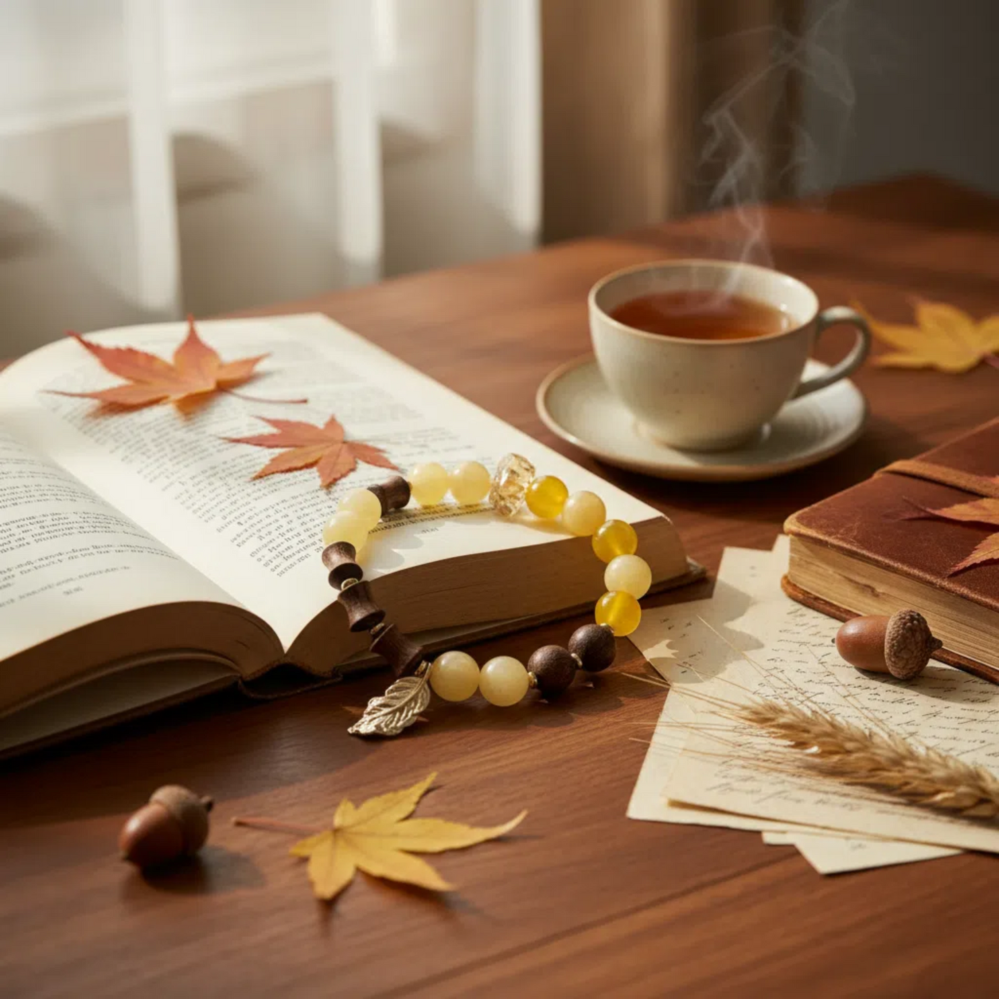 Autumn Equinox Energy Bracelet - Rosewood Sandalwood Honey Jade Yellow Agate Citrine | TCM Lung Health · Seasonal Transition · Solar Term Jewelry