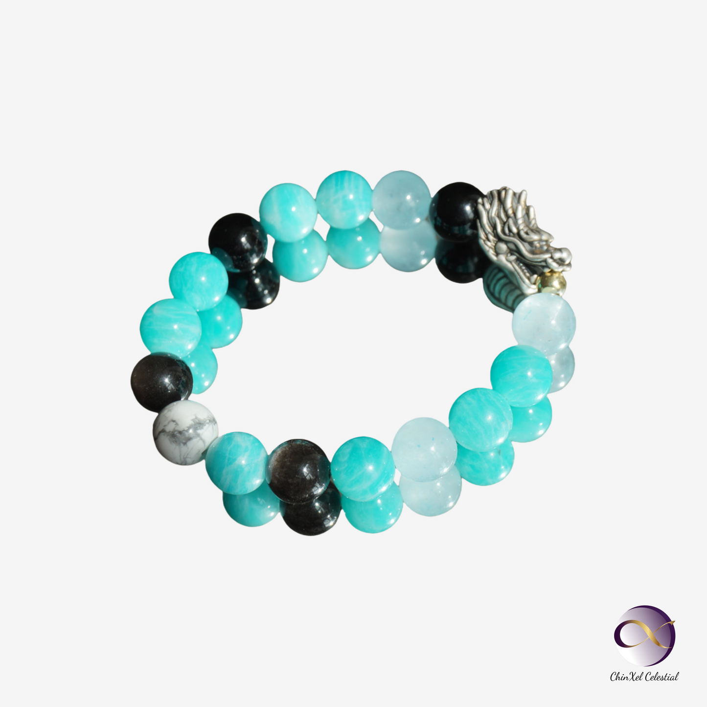 Azure Dragon Energy Bracelet - Amazonite & Obsidian Wealth Success Bracelet - Career Growth - Luck Attraction - Chinese Zodiac Crystal Jewelry