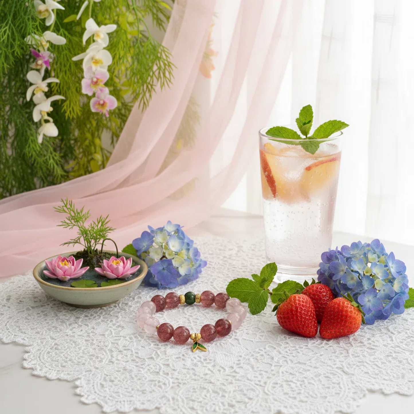 Summer Solstice Cooling Bracelet - Pink Opal Strawberry Quartz Jade | TCM Heart Support · Heat Relief · Solar Term Jewelry