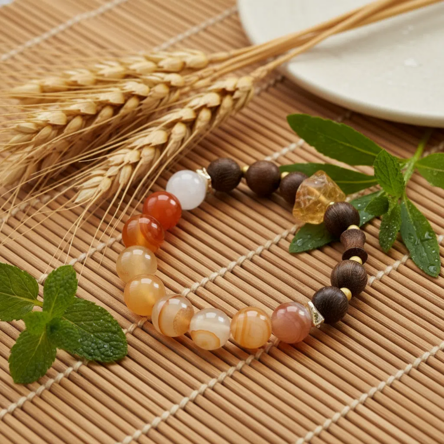 Grain Buds Spleen Wellness Bracelet - Natural Agate White Phantom Sandalwood Citrine | TCM Dampness Relief Ā· Solar Term Jewelry Ā· Spiritual Gift
