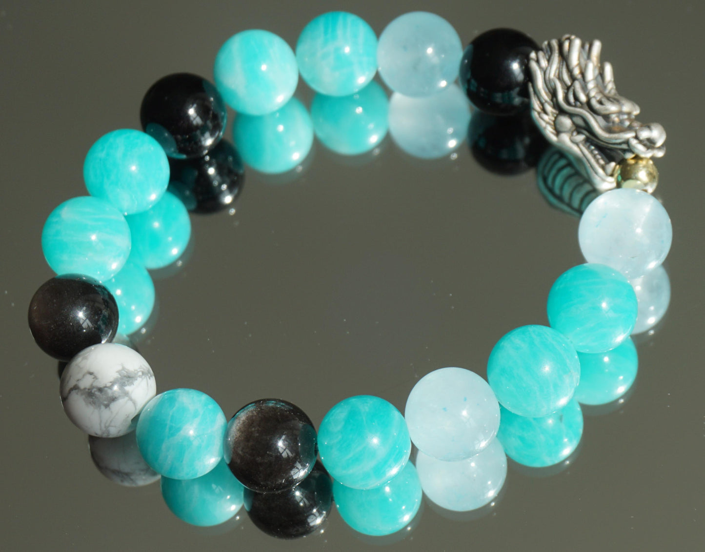 Azure Dragon Energy Bracelet - Amazonite & Obsidian Wealth Success Bracelet - Career Growth - Luck Attraction - Chinese Zodiac Crystal Jewelry