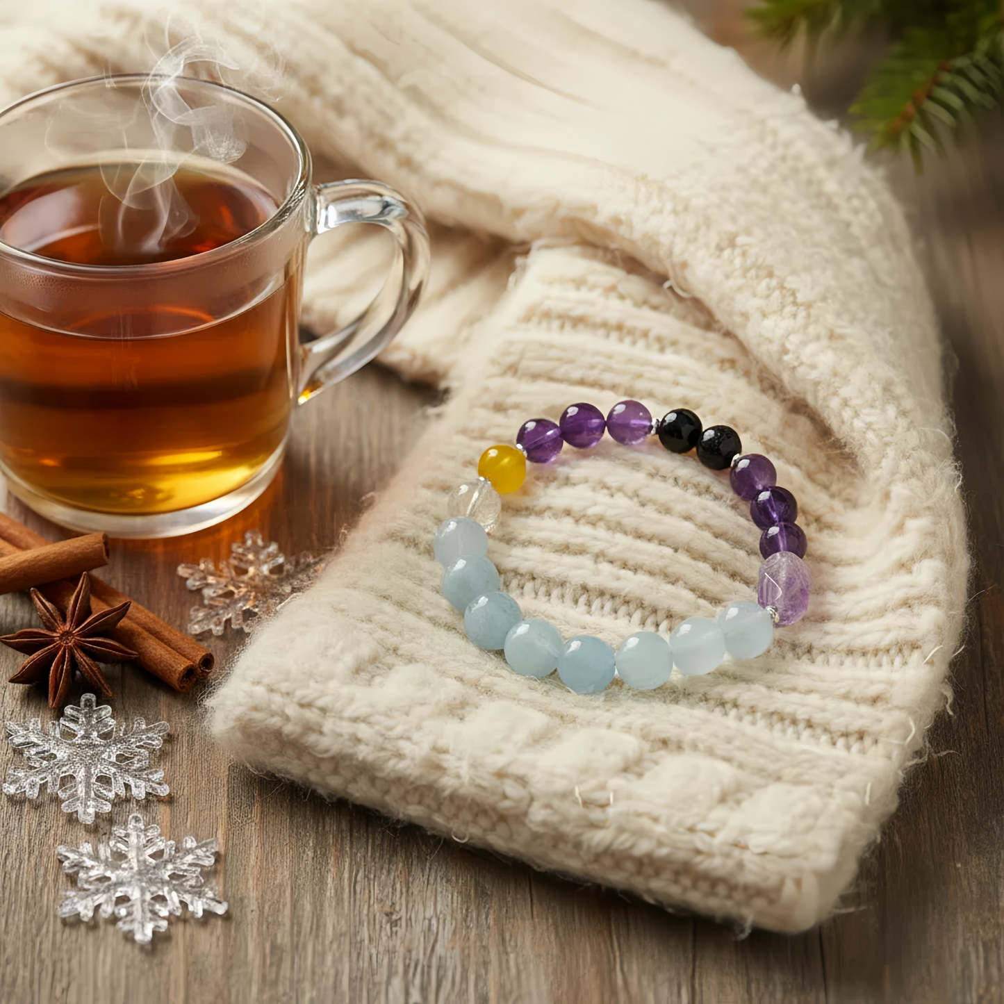 Winter Solstice Kidney Support Bracelet - Amethyst Yellow Agate Aquamarine Chalcedony | TCM Seasonal Wellness · Energy Conservation · Winter Jewelry