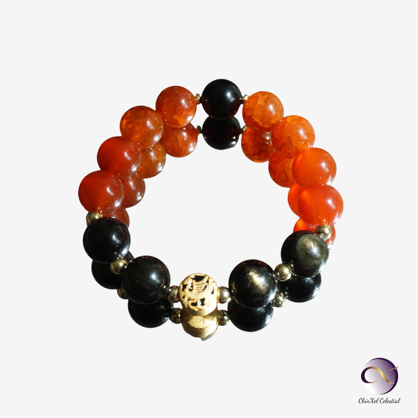 Vermilion Bird Phoenix Crystal Bracelet - Red Agate & Obsidian Wealth Success Bracelet - Confidence Booster - Career Protection - Feng Shui Energy Jewelry