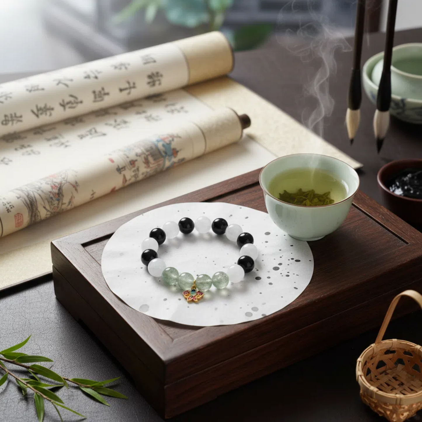 Qingming Pure Energy Bracelet - Black Agate White Phantom Green Strawberry Quartz | Protection · Emotional Balance · Solar Term Healing Jewelry