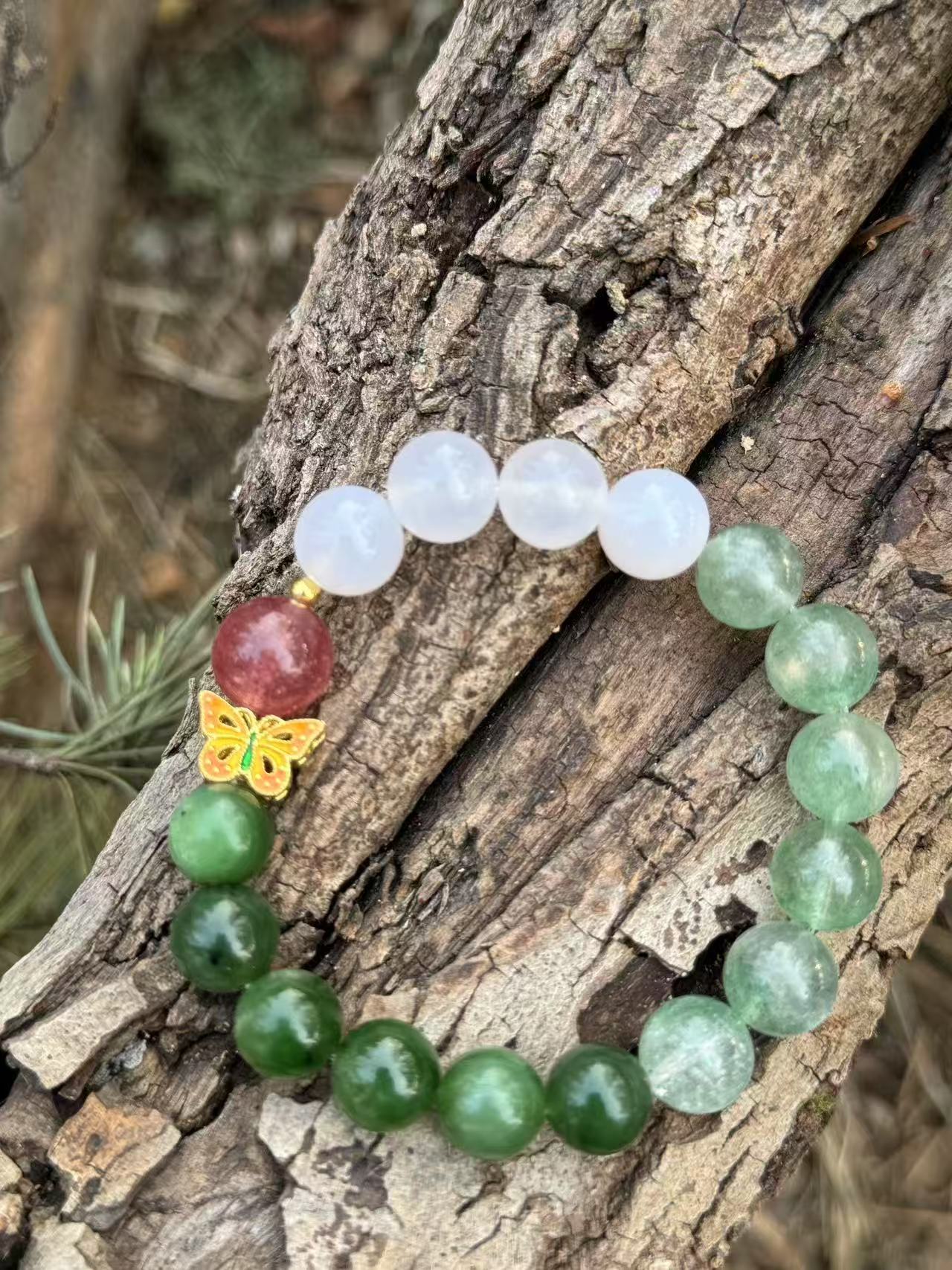 Summer Commences Heart-Calming Bracelet - White Agate Green & Icy Strawberry Quartz Jade | Cool Heart Fire · Peaceful Mind · Summer Solstice Wellness Jewelry