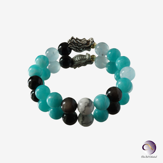 Azure Dragon Energy Bracelet - Amazonite & Obsidian Wealth Success Bracelet - Career Growth - Luck Attraction - Chinese Zodiac Crystal Jewelry