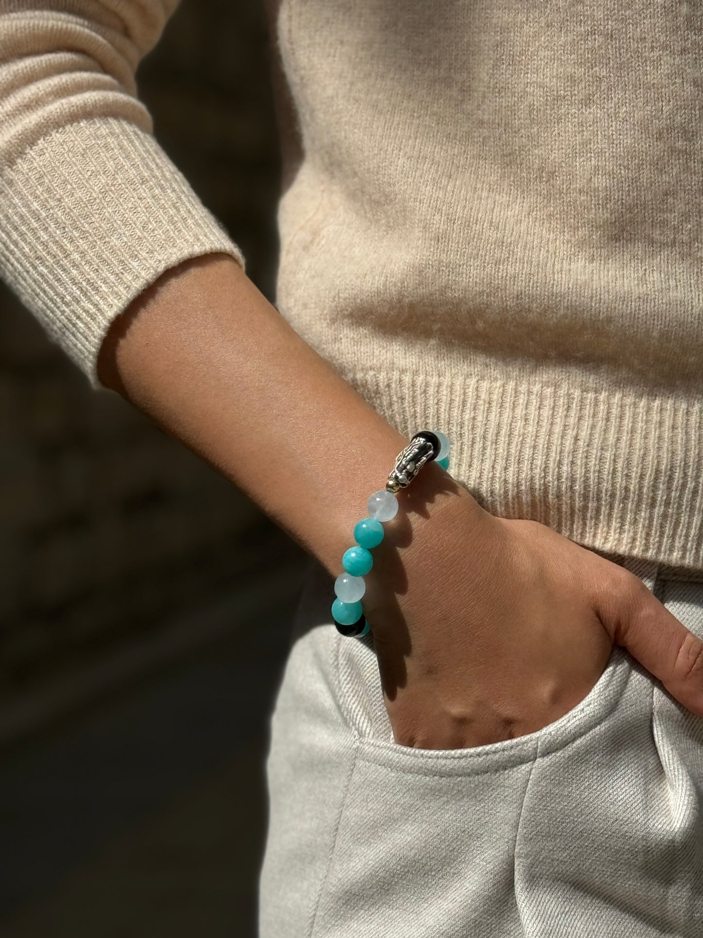 Azure Dragon Energy Bracelet - Amazonite & Obsidian Wealth Success Bracelet - Career Growth - Luck Attraction - Chinese Zodiac Crystal Jewelry