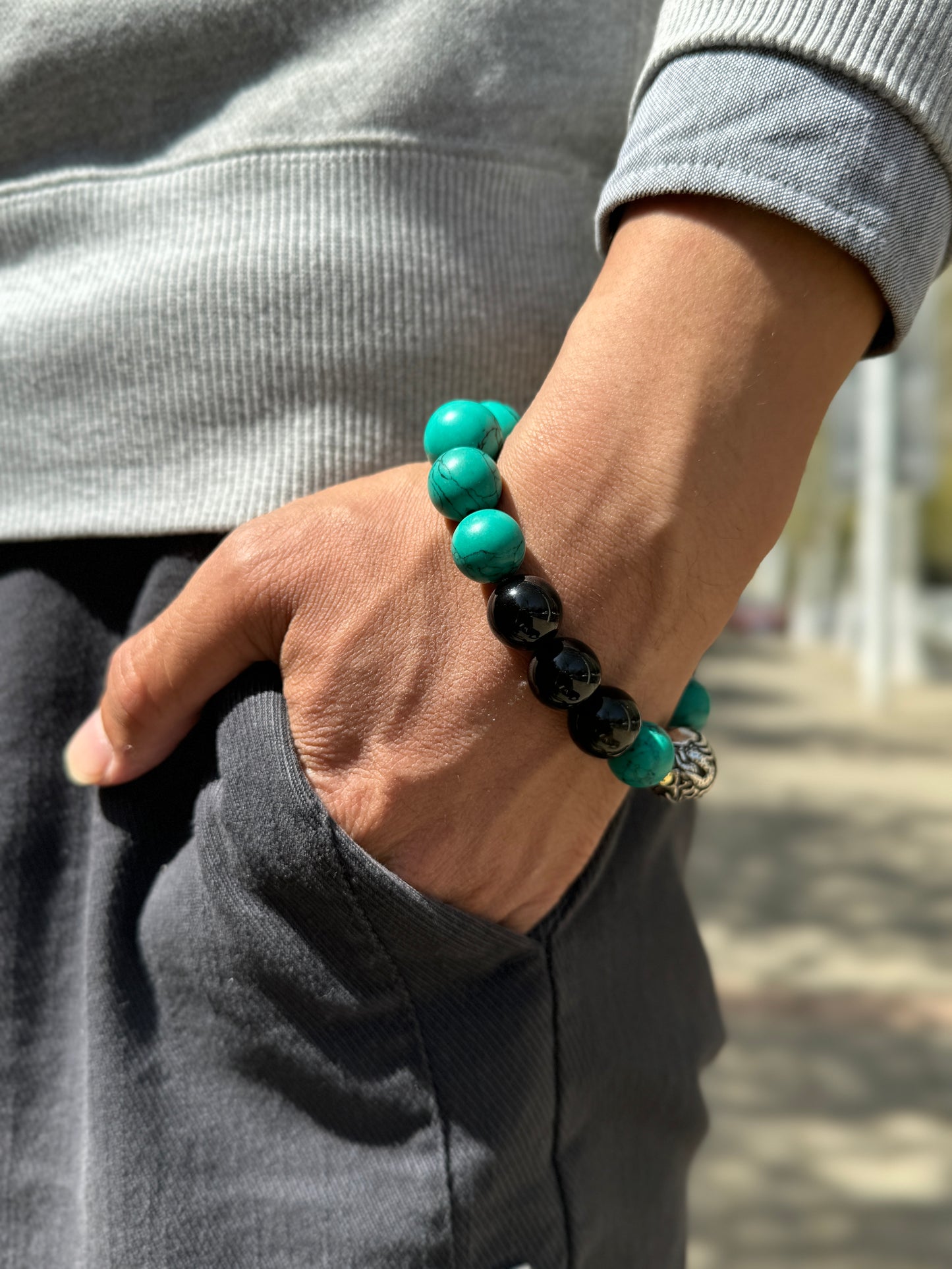 Azure Dragon Energy Bracelet - Amazonite & Obsidian Wealth Success Bracelet - Career Growth - Luck Attraction - Chinese Zodiac Crystal Jewelry
