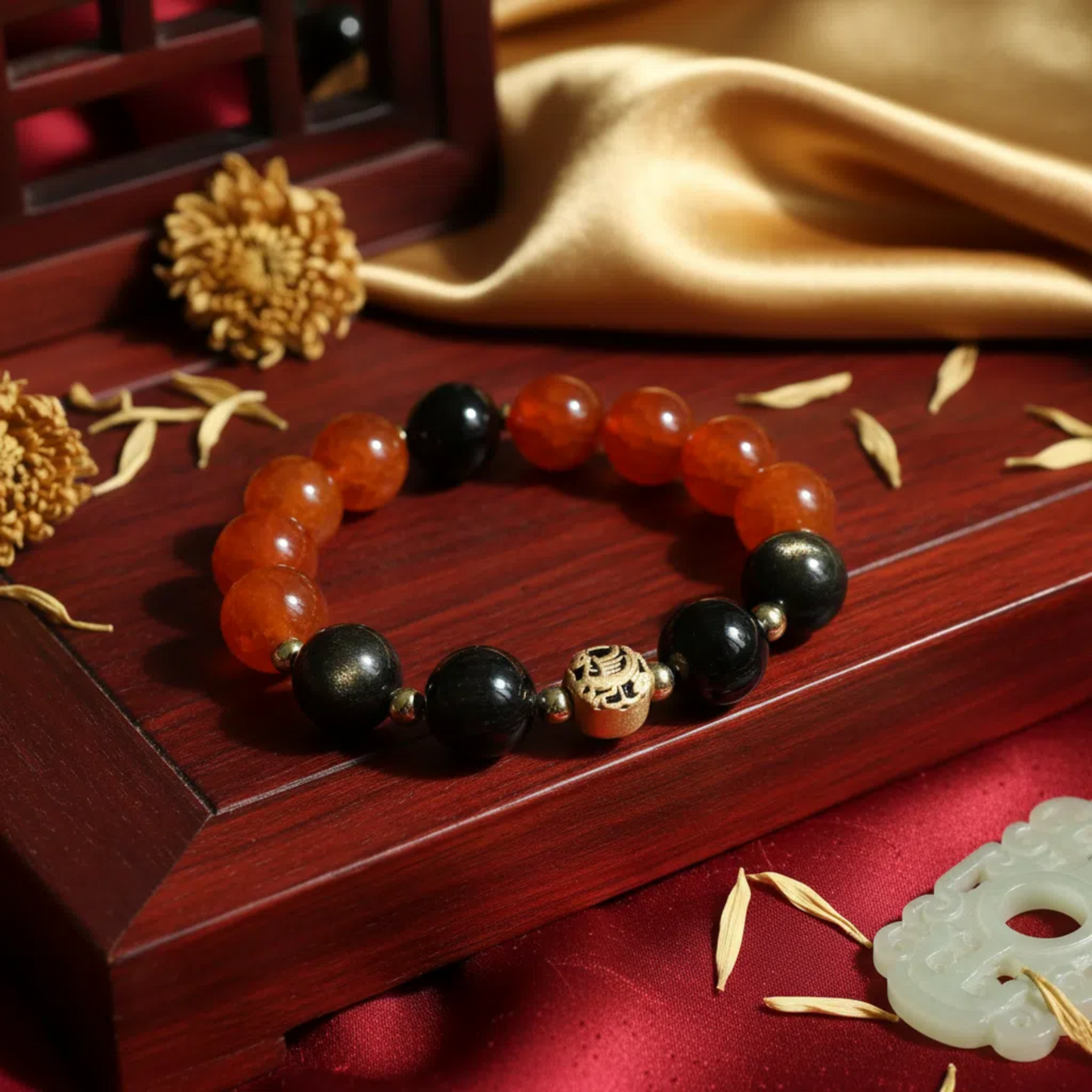 Vermilion Bird Phoenix Crystal Bracelet - Red Agate & Obsidian Wealth Success Bracelet - Confidence Booster - Career Protection - Feng Shui Energy Jewelry