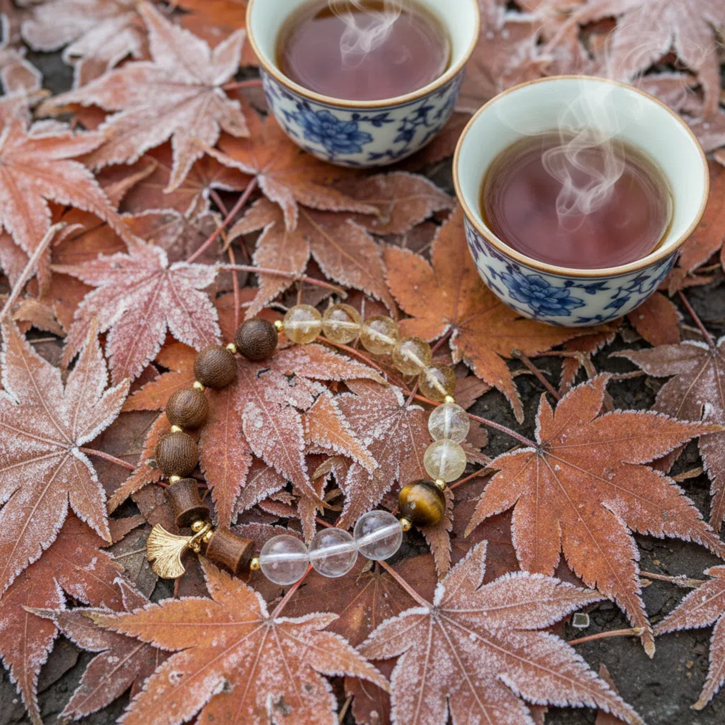 Frost Descent Energy Bracelet - Yellow Azeztulite Sandalwood Clear Quartz Tiger's Eye | TCM Seasonal Wellness · Spleen Warming · Kidney Support Jewelry