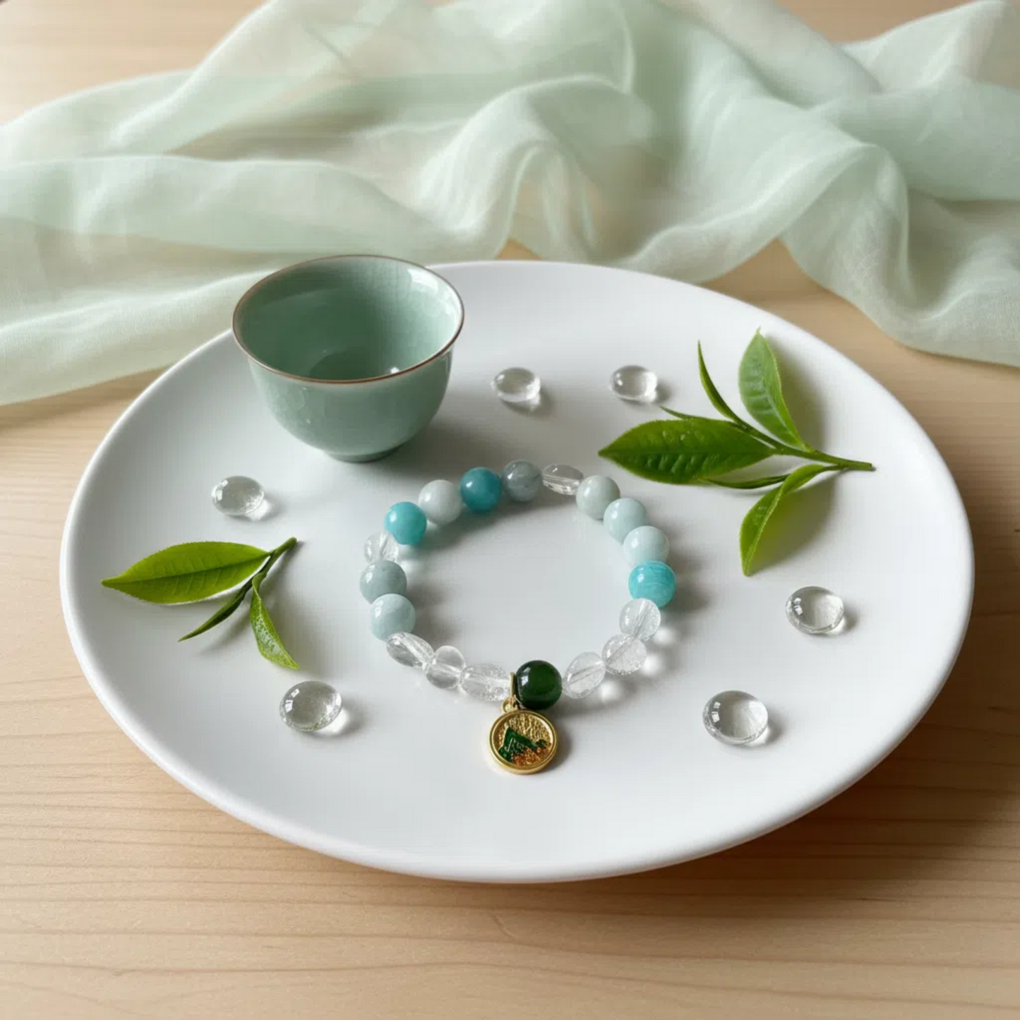 Grain Rain Solar Term Bracelet - Dream Aquamarine Amazonite Clear Quartz Jade | Spleen Health · Drain Dampness · TCM Healing Jewelry