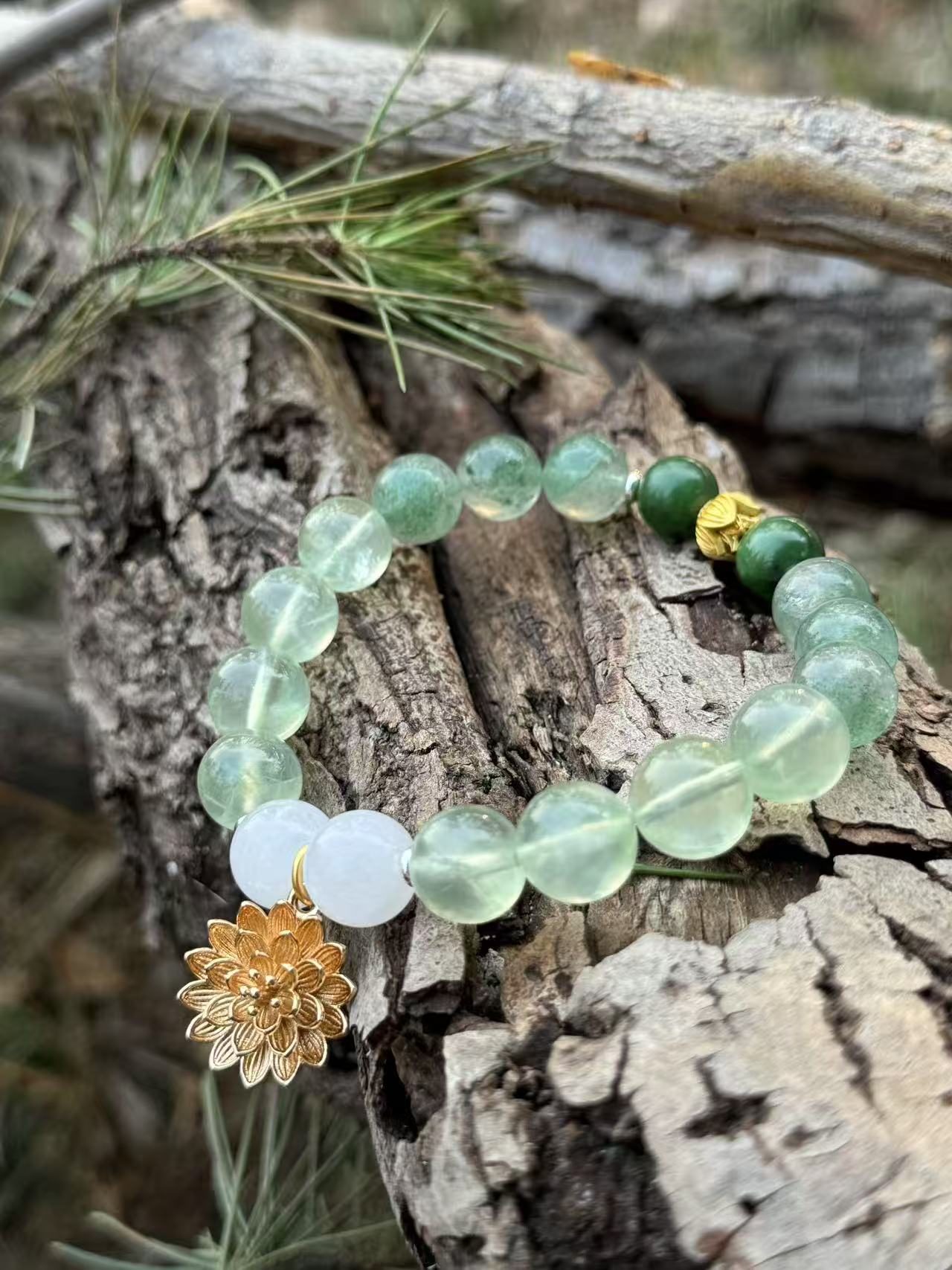 Great Heat Cooling Bracelet - Green Strawberry Quartz Jade White Phantom Prehnite | TCM Summer Relief · Calming Energy · Solar Term Jewelry